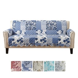 Great Bay Home Patchwork Scalloped Printed Furniture Protector Stain Resistant Sofa Cover (Sofa, Navy)