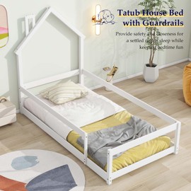 Tatub Twin Size House Floor Bed, Kids Montessori Floor Bed with House-Shaped Headboard and Fence for Girls, Boys (White)