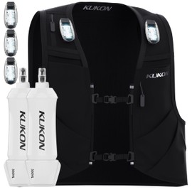 KUKON LED Running Vest - Adjustable Unisex Reflective Vest with 9 Storage Pockets and Two Water Bottles - Lightweight and Durable Running Hydration Vest