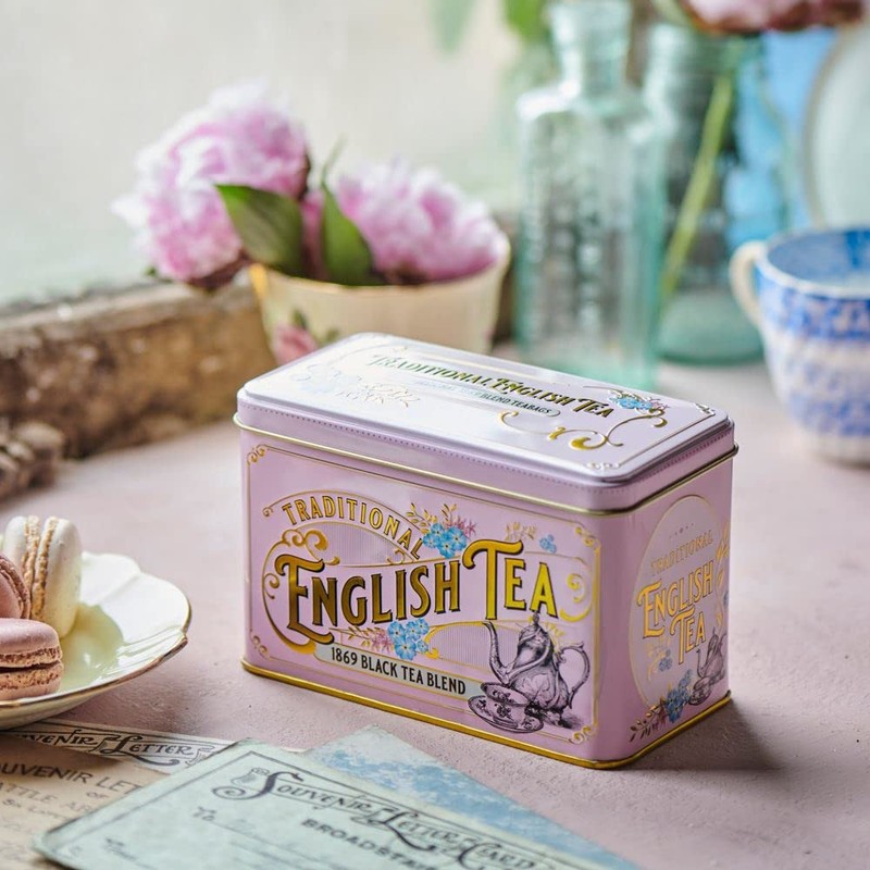 New English Teas Vintage Pink Tea Tin with Victorian Illustrations