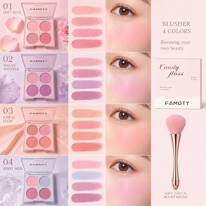 4 Color Blush Palette with Brusher Set for Cheeks(#02)