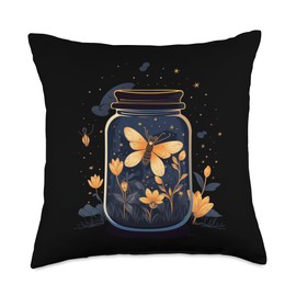 Nice Fireflies in a Jar Glowing Insects and Plants in Jar for Summery Nights Throw Pillow, 18x18, Multicolor