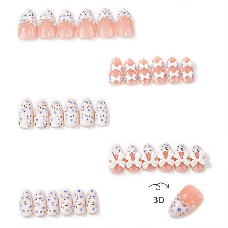 30Pcs Bow Press on Nails Short Almond Fake Nails Blue