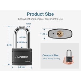 Puroma Keyed Padlock with 2 Keys Alike, 1.8 Inch Locker Lock 40mm Heavy-Duty Locks for Gate Fence Hasp Cabinet Toolbox School Gym Locker (Black)