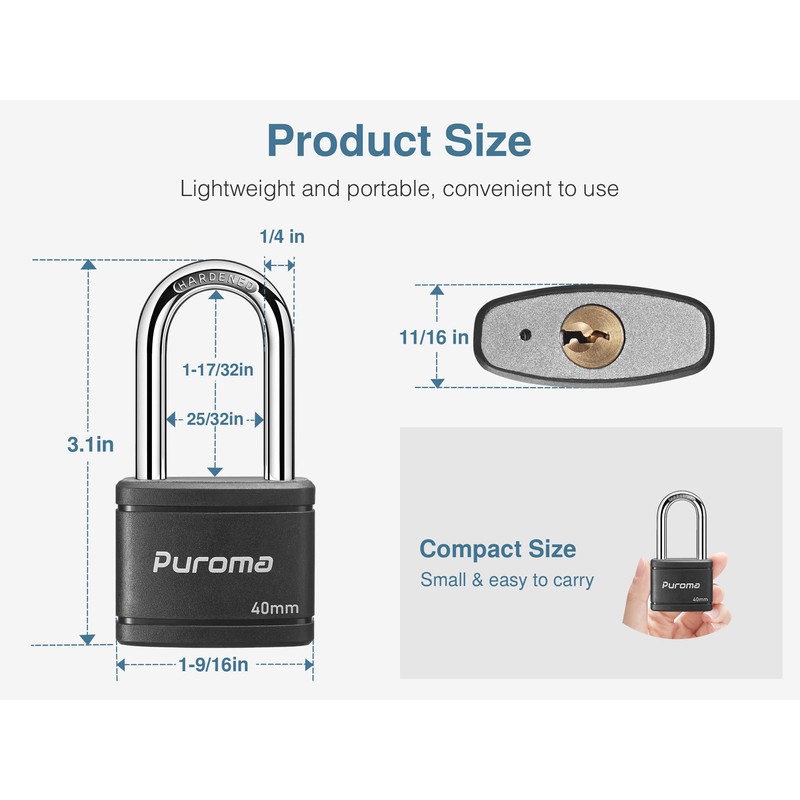 Puroma Keyed Padlock with 2 Keys Alike, 1.8 Inch Locker