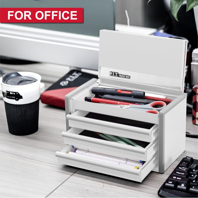 P.I.T. Mini White Tool Box, Portable 3 Drawer Steel Stackable