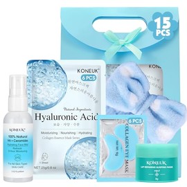 Paquete de 15 unidades de cuidado de la piel con máscaras faciales, parches debajo de los ojos, niebla facial, máscara labial, diadema, cuidado de la piel para mujeres, kit de viaje y relleno de