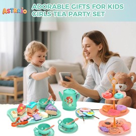 Mermaid Tea Party Set for Little Girls, 44PCS Food Sweet Treats Playset for Princess Tea Time Play Kitchen Toys Birthday Gifts for Age 3 4 5 6 Year Old Girls,Pretend Tin Teapot, Cups, Plates