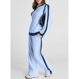 Herseas Women Two Piece Outfits Color Block Blue Long Sleeve Cozy Tracksuit Oversized Winter Lounge Sets X-Large