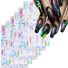 Lightning Nail Art Stickers 3D Self-Adhesive Nails Sticker Colorful Lines Nail Art Decals Holographic Stars Nail Decal Decoration for Women Cute Clouds Manicure Stickers DIY Nails Art Sticker Supplies