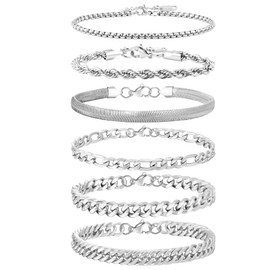 Geveay 6 Pcs Silver Chain Bracelets for Men Adjustable Stainless Steel Silver Bracelet Sturdy Box Rope Snake Figaro Cuban Link Silver Chain Bracelet Set 7.1+1.2 Inches