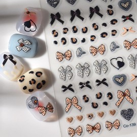 Bow Nail Stickers Leopard Print Nail Decals for Nails Art with Heart Design 5D Embossed Self Adhesive Nails Art Stickers Charms Supply for Women Girls Kid Manicure DIY Decorations