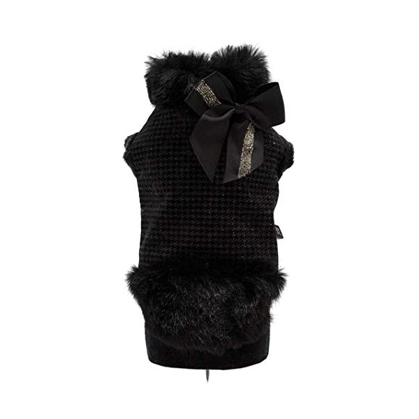 Trilly tutti Brilli Jeanne Plush Coat with Faux Fur Inserts and LamÃ© Cloth, Grosgrain Bow and Brooch Stones, X-Small, Black