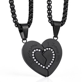 Wolentty Couple His Hers Necklaces Broken Heart Pendants Inlaid Zirconic Stone Jewerly Gift for Valentine's Day (Silver)