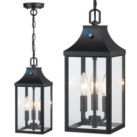 Large Outdoor Pendant Light Fixtures 3-Light, 15'' Dusk to Dawn Exterior Hanging Lantern Porch Light Adjustable, Black Hanging Lamp Farmhouse Exterior Chandelier Ceiling Mount for Entrance Patio