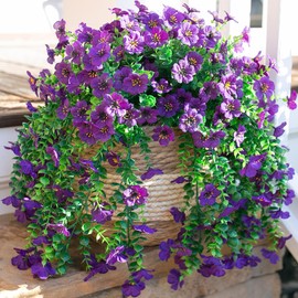 HyeFlora Artificial Flowers for Outdoors Garland Decoration, 2Pcs Dark Purple Fake Hanging Flowers, UV & Fading Resistant, Faux Decor for Home Porch Patio Balcony Planter Yard