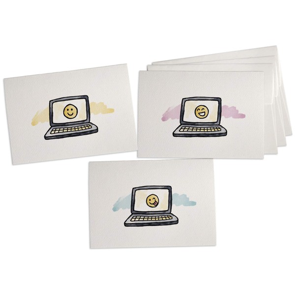 Happy Laptop Faces Greeting Cards with Envelopes - 3 Cute & Fun Designs - 24 Sets - For use as Thank You, Thinking of You, Birthday, Social Distancing Notes