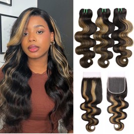 HERMOUS 12A Double Drawn Highlight F1B/27 Bundles with 4x4 Closure Body Wave Human Hair 16 18 20+16 In, Free Part 4x4 hd Lace Closure and 3 Bundles Remy Hair Ombre Colored Black and Honey Light Brown