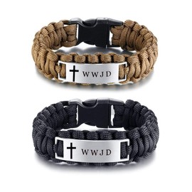 Sunling 2 Pack Free Engraving Custom Religious Braided Paracord WWJD Bracelet for Men,9 Inches,Black,Brown