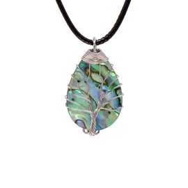 Natural Abalone Shell Wrapped Wire Tree of Life Pendant Necklace - Small - White Copper