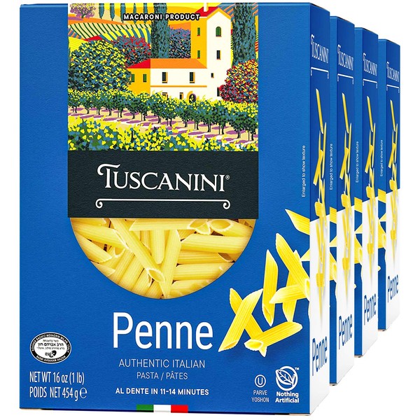 Tuscanini Authentic Italian Penne Pasta 16oz (4 Pack) Made with Premium Durum Wheat , Done in 11-14 Minutes