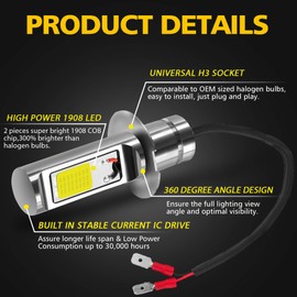 AUXLIGHT H3 LED Fog Light Bulbs 6000K Xenon White, Super Bright High Power COB Chips LED Fog Daytime Running Lights DRL Bulbs Replacement for Cars, Trucks (Pack of 2)