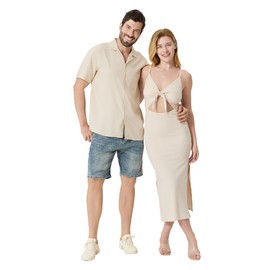 PATPAT Couples Matching Outfits: His and Hers Matching Sets Solid Midi Dress Tie Knot Cut Out Side Split Hem Sleeveless Knit Bodycon Dress Summer Vacation Beach Dress Light Apricot Women L