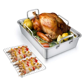 TeamFar Roasting Pan with Rack, 14 Inch Stainless Steel Turkey Roaster Lasagna Pan with V-Shaped Rack & Cooling Rack, Healthy & Sturdy, Brushed Surface & Dishwasher Safe, Rectangular - Set of 3