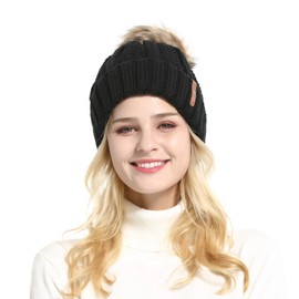 GanJingRen Women's Faux Fur Pompoms Lined Thick Knitted Warm Winter Slouchy Beanie Hat (Black)