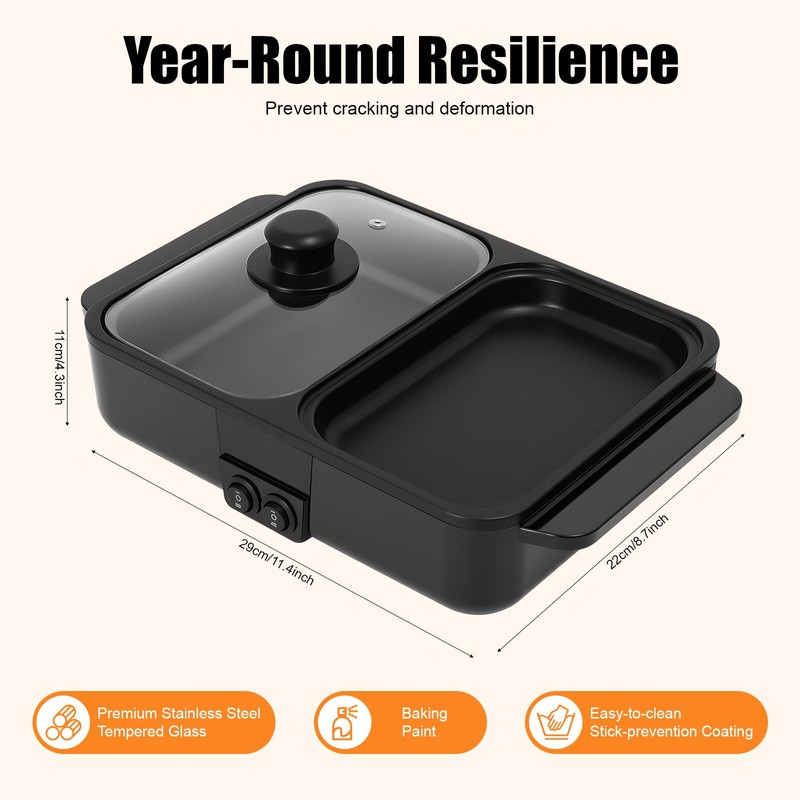 YUASDUU 2 in 1 Electric Hot Pot with Grill, 1200W