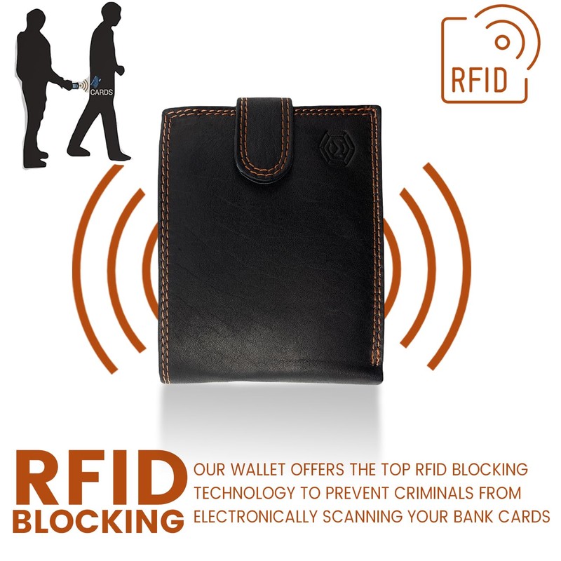 MOIRENTO Mens Black Wallet Orange Leather Trifold RFID Blocking Credit