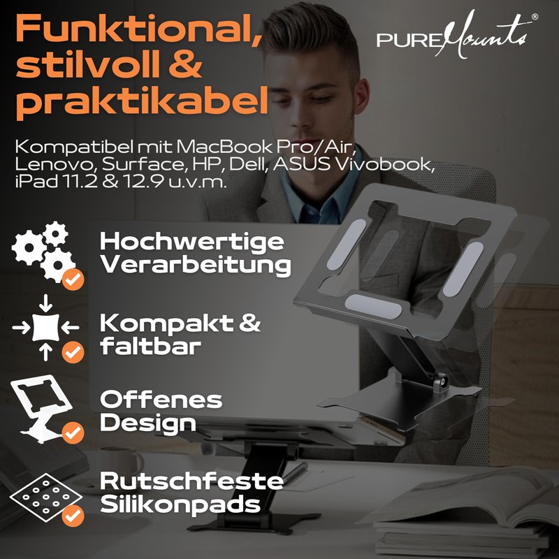 PureMounts Laptop Stand, Height-Adjustable, Foldable & Ergonomic Notebook Holder for