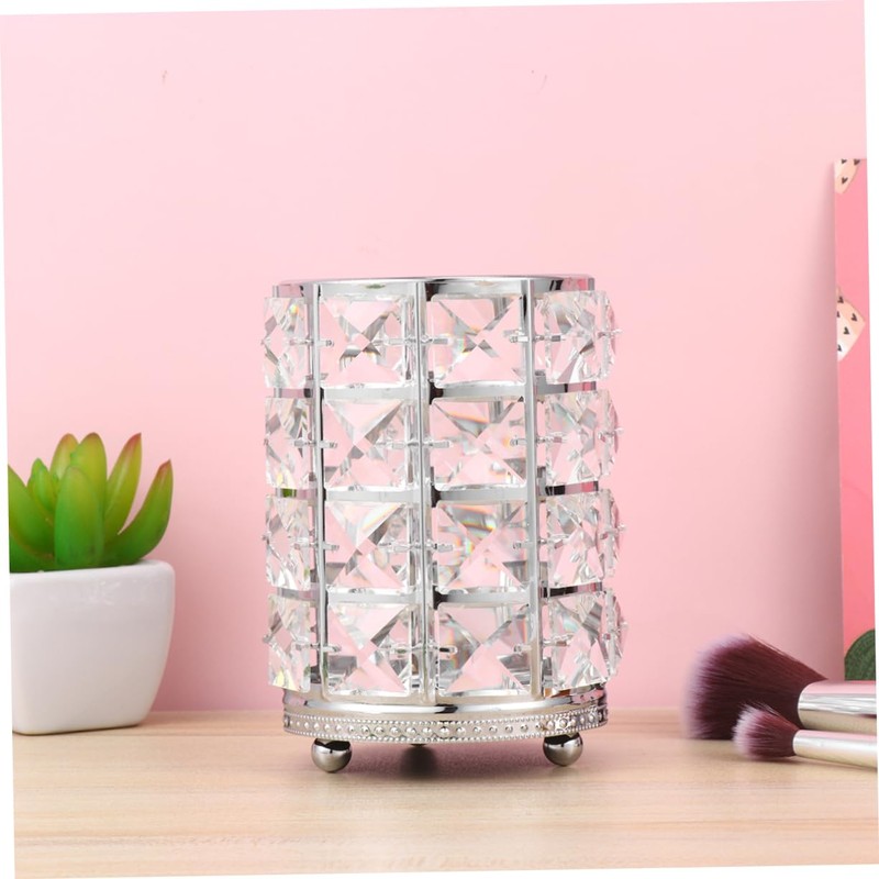 IWOWHERO Makeup Brush Holder Large Silver Hollow Lace Crystal Cosmetics