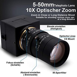 SVPRO Cámara USB con zoom óptico 10X con lente manual de 5-50 mm, cámara web HD 5MP cámara de video portátil con sensor Aptina MI5100, cámara de compu