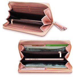 Coco Rossi Wallets for Women Pink Glitter Leather Card Holder Organizer Ladies Clutch with Tassel Wristlet Wrist strap