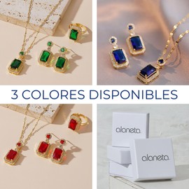 ALANETA 18K Gold Plated 304L Stainless Steel Cubic Zirconia Emerald, Sapphire or Ruby Jewellery Set for Women - Necklace, Earrings and Adjustable Ring, Stainless Steel, Created Zircon