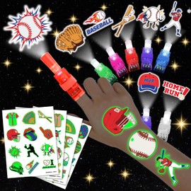 72 PCS Baseball Party Favors – 48 PCS Tattoos & 24 PCS LED Finger Lights Combo – Birthday Goodie Bag Fillers, Party Supplies, Gifts Light Up Toys Glow In The Dark for Boys and Girls
