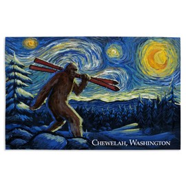 Lantern Press 16x24 Inch Giclee Print, Chewelah, Washington, Starry Night, Winter Bigfoot with Skis