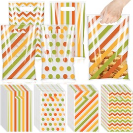 Eersida 100 Pcs Fall Plastic Gift Bags Colorful Stripe Dot Wave Polka Treat Candy Goodie Bags Autumn Cookie Snack Packing for Fall Autumn Thanksgiving Party Favor Supplies