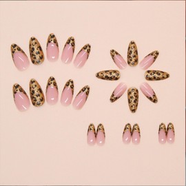 Press on Nails Medium Almond Fake Nails Bling Leopard French Tip Glue on Nails Glossy Gold Glitter Acrylic Nails Press ons Stiletto Artificial Stick on Nails for Women 24 Pcs