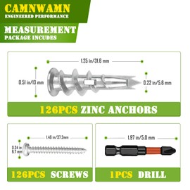 252pcs #8 Zinc Self-Drilling Drywall Anchors, Hollow Metal Wall Anchors and Screws Kit with Cross Groove Drill Bit, 126pcs Heavy Duty Anchors 126pcs #8 x 1-1/4" Screws