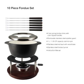 Swissmar Summit 10-Piece Matte Black Cast Iron Fondue Set - Ideal for Melting Cheese, Chocolate, Butter, & More - Perfect for Kitchen Collection & Wedding Gift Giving - 1Liter / 1.05 Quart