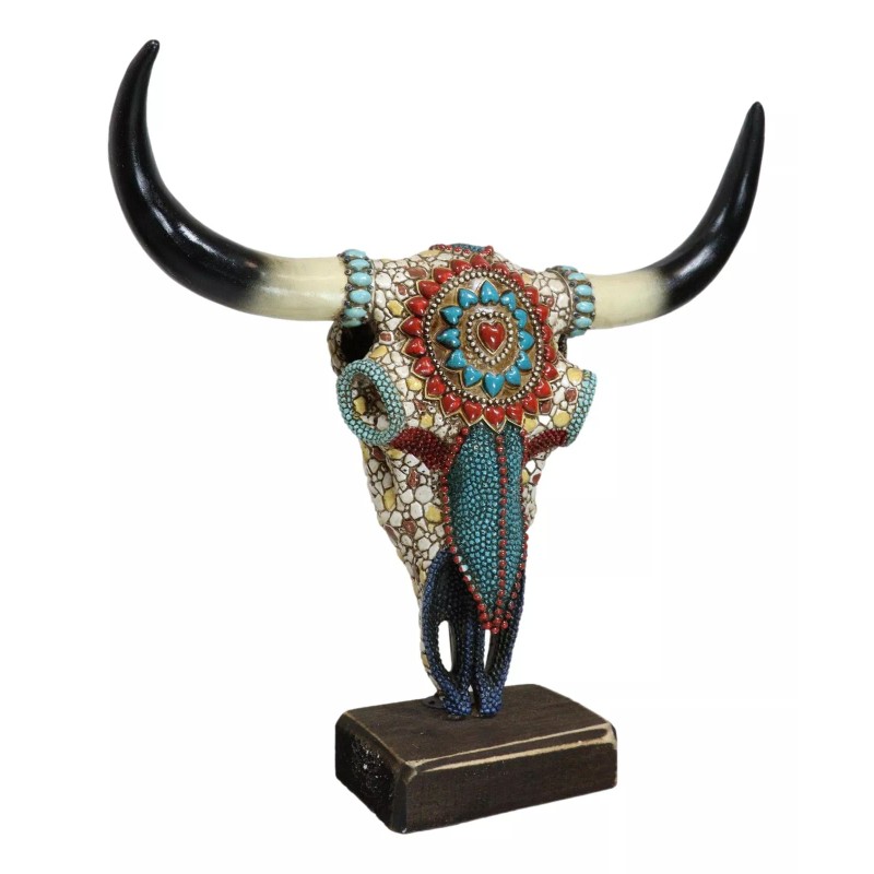 Large Rustic Western Bull Cow Skull With Turquoise Red Rocks