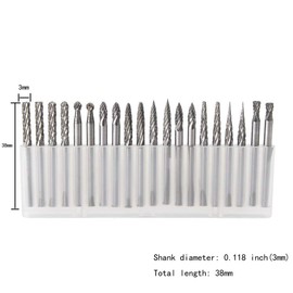 YUFUTOL 20pcs Solid Carbide Burr Set 0.118‘’（3mm）Shank Tungsten Carbide Rotary Files Burrs with 3mm Cutting Head Diameter Fits Most Rotary Drill Die Grinder for Woodworking,Engraving,Drilling,Carving