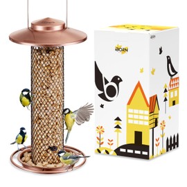 iBorn Peanut Bird Feeder,Sunflower Seed Feeder,13.5 Inch Metal Mesh Tube Bird Feeders for Outdoors Hanging,Squirrel-Proof Birdfeeders for Peanut with 17cm Weatherproof Roof & Tray,2 LB Capacity,Copper