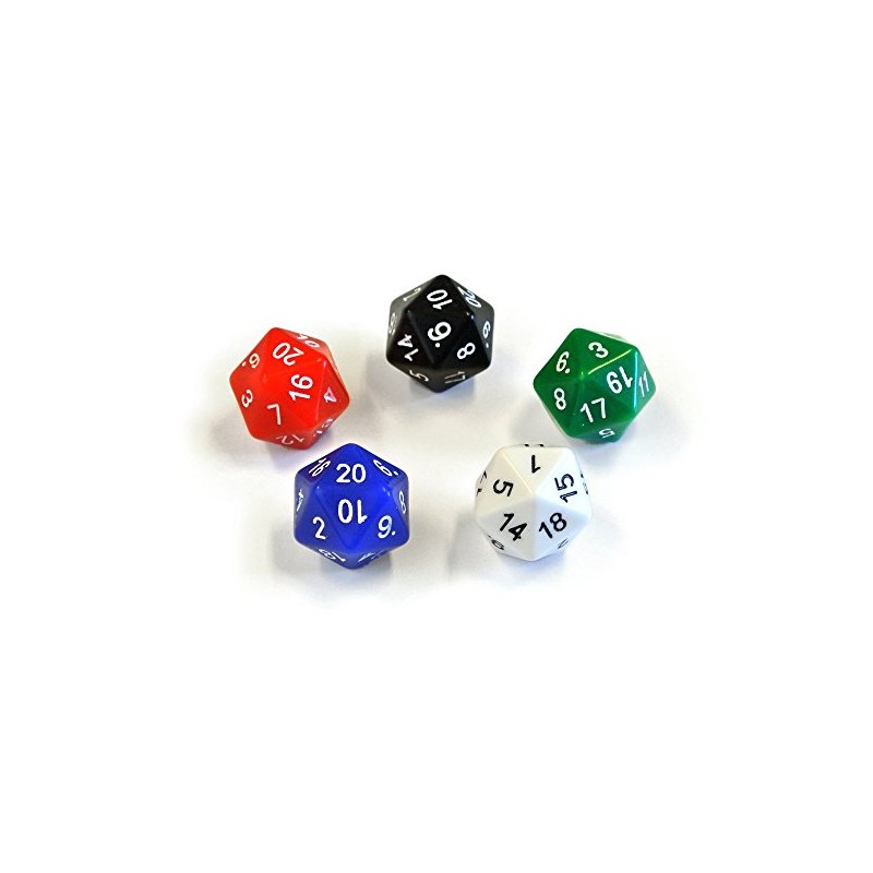 Set of Numerically-Balanced 20-sided Dice in Five Colors