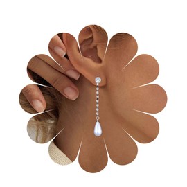 Yheakne Vintage Crystal Pearl Dangle Earrings Silver Rhinestone CZ Chain Earrings Crystal Long Drop Earrings Jewellery for Women and Girls, Alloy Steel Crystal