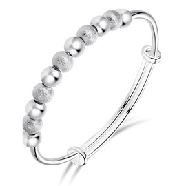 ASTER Silver Bead Spinner Bangle Bracelet for Women Adjustable, Fidget Bracelet Anxiety Relief Bracelet Jewelry Gift for Women Girls Ladies Valentine's Day Gifts Mother's Day Gift