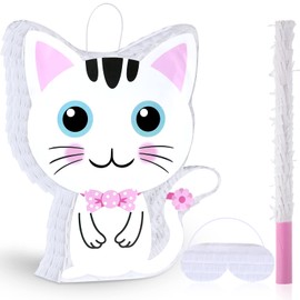 Cat Pinata Cat Birthday Party Supplies Kitty Cat Pinatas with Blindfold and Bat Pink and White for Cat Party Favor Kids Girls Birthday Party Decorations, 14.2 x 12.8 x 3.2 Inch, Pink and White