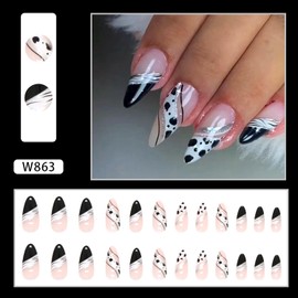 Zebra Print French Tip Press on Nails Medium Almond Fake Nails Nail Tips Black False Nails With Silver Stripe Designs Full Cover Glue on Nails Acrylic Artificial Nails Stick on Nails for Women 24Pcs